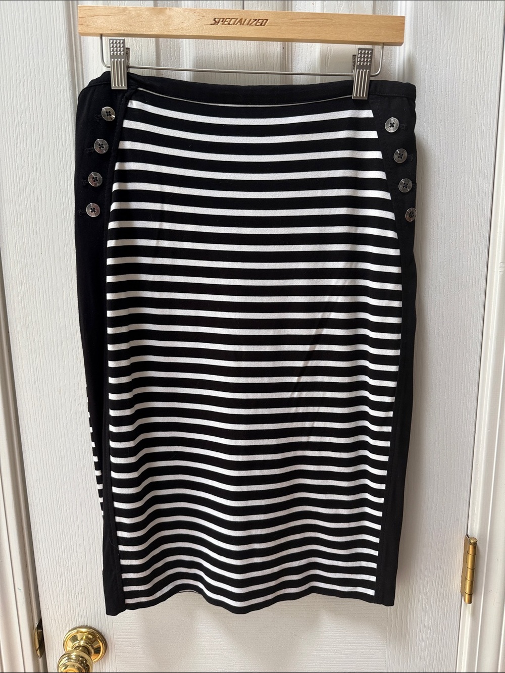 White House Black Market Black and White Striped Button-Detail Pencil Skirt